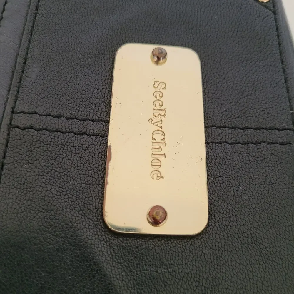 See By Chloe Card Bill Coin Wallet Logo Medium Leather Black Compact Designer‎